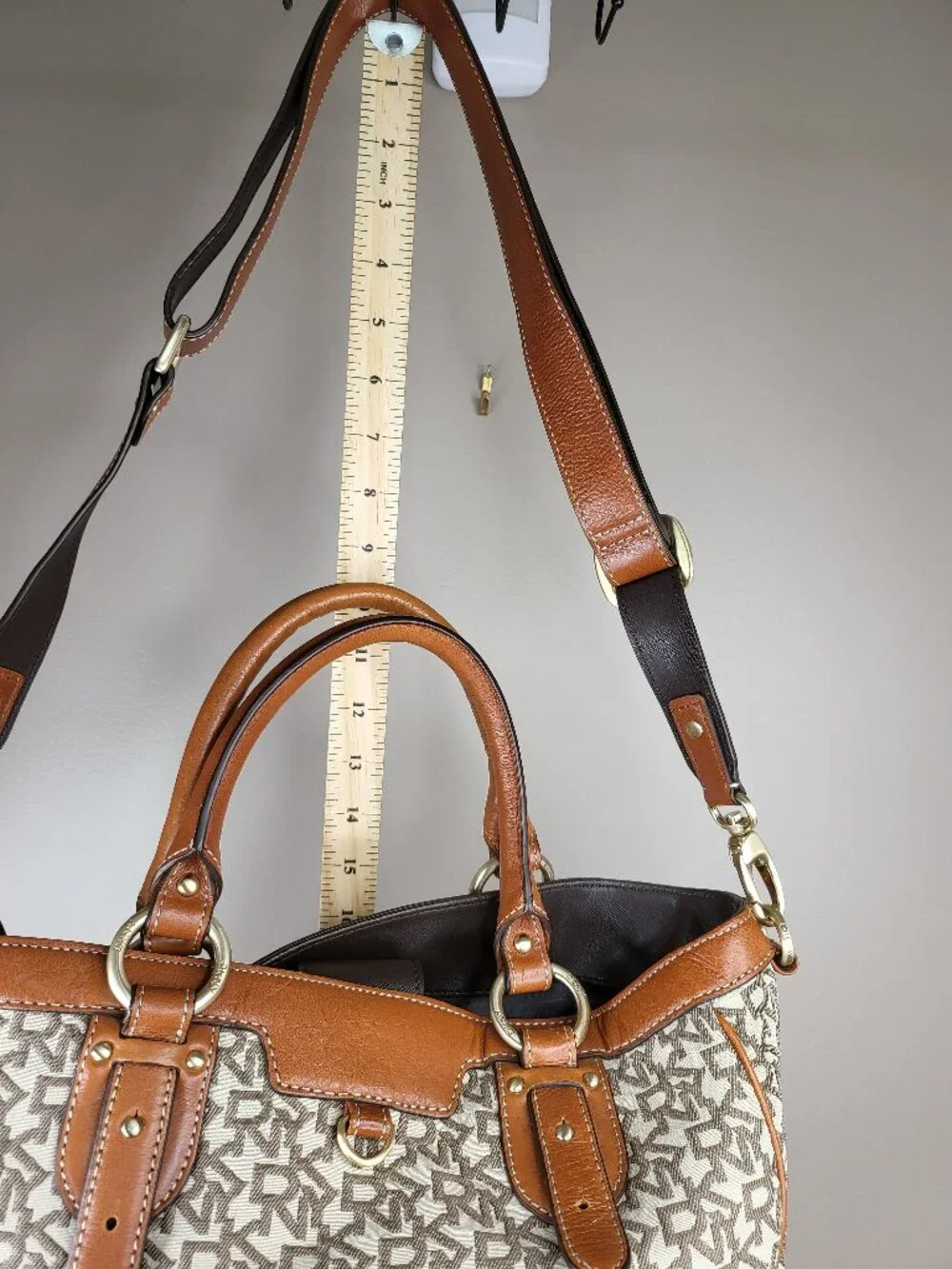 DKNY Signature Logo Jacquard Convertible Shoulder Crossbody Bag Tan Brown